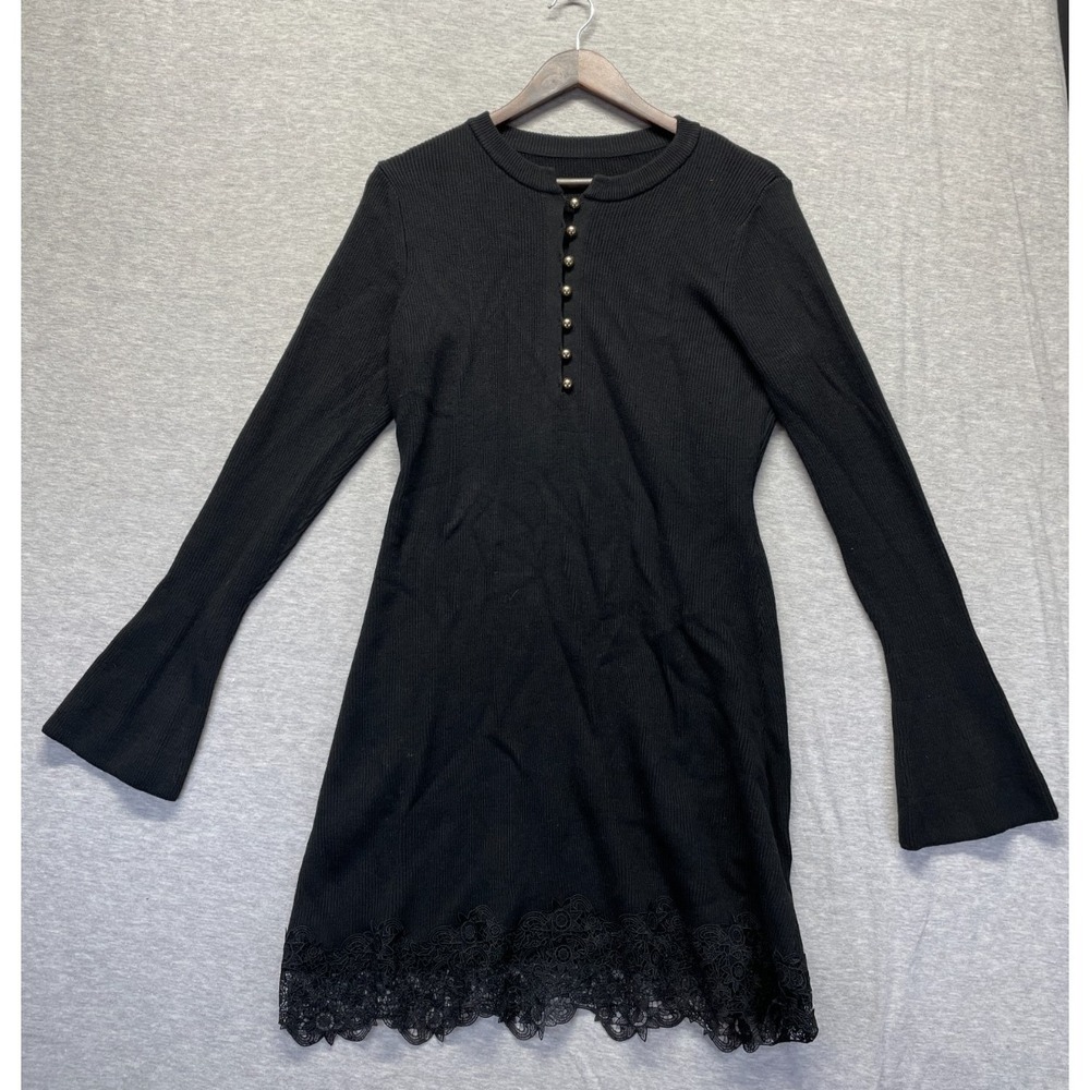 Womens Mini Dress S Black Wool Blend Delicate Lace Trim Metal Button Bell Sleeve